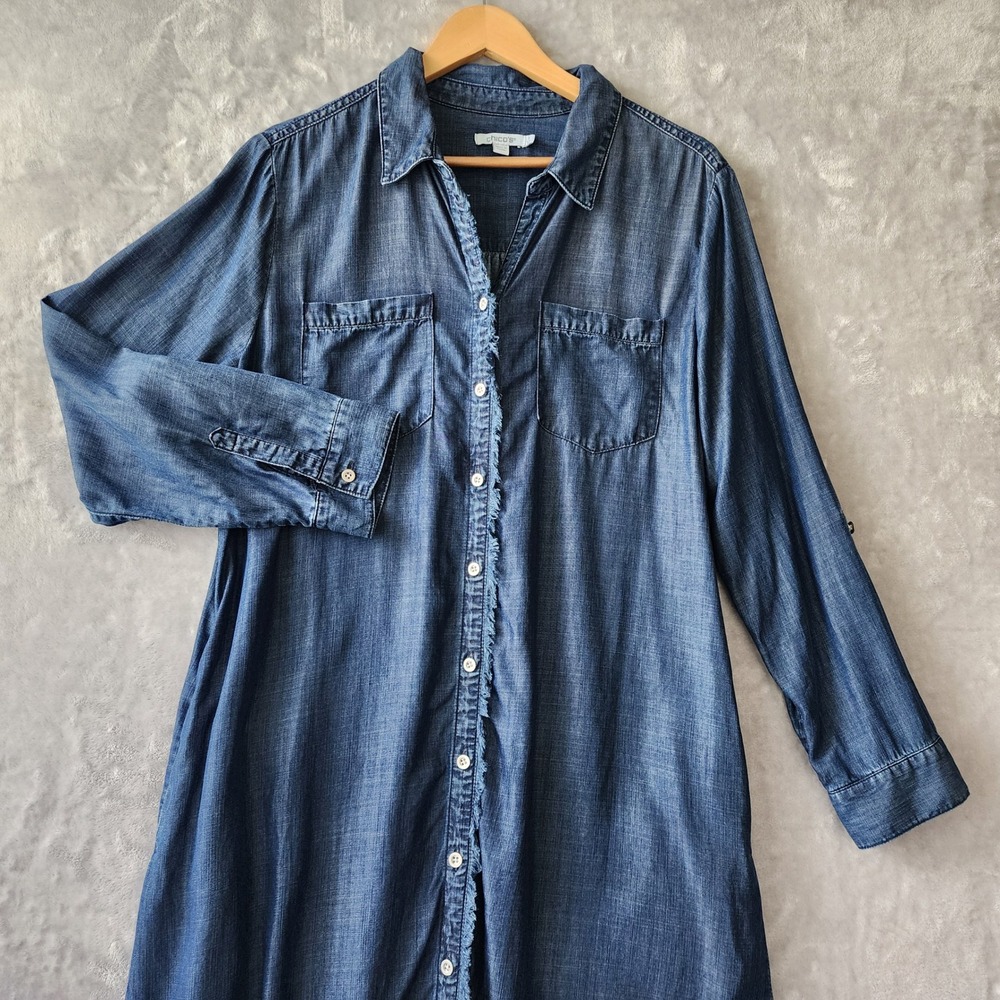 Chicos Dress Womens Size 12 Chambray Denim Blue Shirt Pockets Raw Frayed Trim